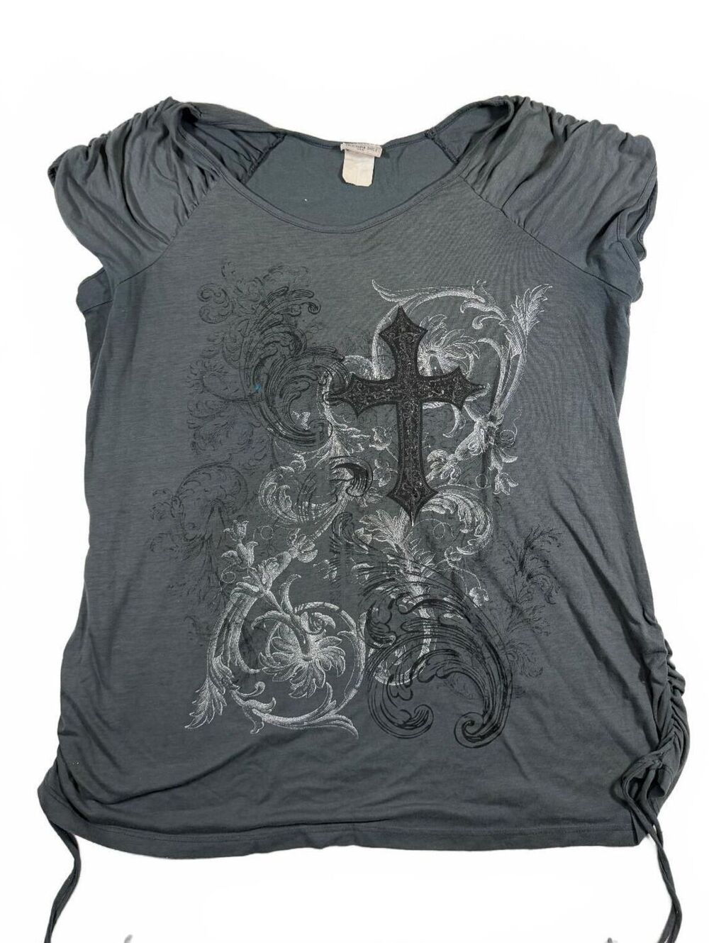 Y2K Plus Size Gray Fitted Top Cinch Sides With Embellished Cross Grunge 3X
